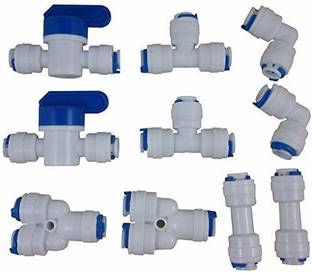 Sauran RO Accessories Pipe Jointer Elbow Connector for Water Purifier (2 Nox. Ball Valve + Y Connector + Double Push Elbow + I Straight Connector + T Shape Connector), 1/4" Size (6mm) White Hose Connector