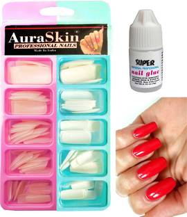 AuraSkin Imported Best Quality Strong Adhesive 100pcs Artificial Nail Tips Best False Nails with 6ml Strong Glue Natural WHITE