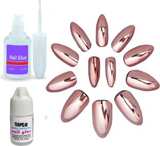 AuraSkin Reusable Artificial Nail Tips Best False Nails with 1Oml Brush glue and 5ml Dropper glue Rose Gold