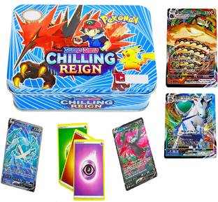 Bestie Toys Pokemon Cards PokeMoon Sword and Shield Chilling Reign, Playing Cards Game Totally Surprising Cards in Attractive Metal Tin Box