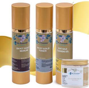 Blu Essentials 100% Pure 24k Gold Glowing for Skin Care, 50 ml Pure 24k Gold Combo -Cleansing Gel, Toner, Serum For Women and Men (Free - 24 kt Pure Gold Mask and Toilet Bag )(Pack of 3)