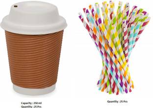 Spylark Pack of 25 Paper Ripple Paper Cup With Lid 250 ml| Pack of 25 with 25 Pcs Paper Straw