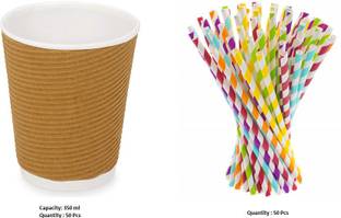 Spylark Pack of 60 Paper Ripple Paper Cup 350 ml|Disposable| Pack of 60 with 60 Pcs Paper Straw