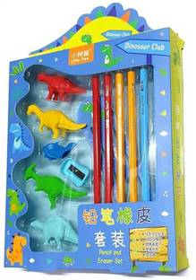 WHITE POPCORN DINOSAUR CLUB SCHOOL SUPPLIES OF PENCILS, ERASER, SHARPNER AND BOOKMARKER Pencil