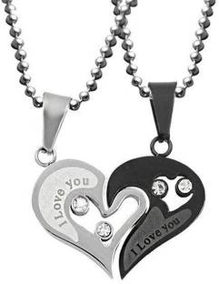 Uniqon Valentine's Day Special Metal Stainless Steel I Love You Diamond Nug Broken Heart Romantic Love Couple Black & Silver Color 2 In 1 Beautiful Duo Locket Pendant Necklace With Chain For Boy's And Girl's Silver Metal Pendant Set