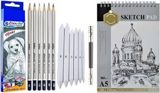 Definite Artline Set of 6 Love-Art Sketch Pencils + Blending/Smudging Stumps Set of 6 (Size 1 to 6) + Adjustable Dual Head Pencil Extender for Graphite and Charcoal Pencils + A5 Size Spiral Bound Sketch Pad 160 GSM (24 Sheets)