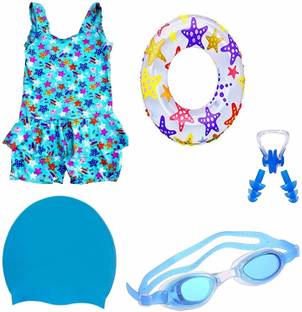 Drauss SWIMMING KIT FOR GIRLS (2-3 Years) MULTICOLOUR PRINTED STRETCHABLE FABRIC (Colour and print as per availability) Printed Girls Swim-dress Multicolor Swimsuit Swimming Kit