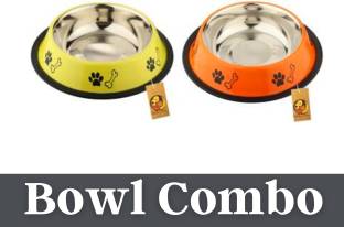Foodie Puppies Stainless Steel Combo Offer Paw Bone Printed Fiery Orange And Vibrant Yellow Food Water Feeding Bowl for Dogs & Puppies (Medium, 700ml Each) Round Steel Pet Bowl