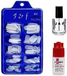 J & F Artificial Gold Finger Empress Tips Fake Nails With Glue Bottle And Transparent (Top Coat ) Nail Paint White Nails