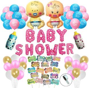 Agk Printed Set of 73 Pcs baby shower party decoration kit includes Polka Dotted Baby Shower Letter Foil Balloons (Pink) + 30 Pcs Metallic Balloons (Pink, Gold and White) + 2 pcs baby boy & girl Foil + 2 Pcs Bottle Shape Foil + 10 Pcs It’s a Girl / It’s a Boy Printed Latex Balloons (Pink & Blue) + 18 pcs Photoshoot Props + 1 Pcs Glue Dot Roll For Baby Shower Decoration item, Photo-shoot Decoration, Welcome Baby, Mom to Be, Pregnancy Photo-shoot Material Items Supplies Balloon