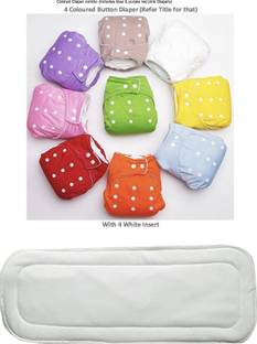 kistapo 100% Cloth Diapers for Babies (3Months - 3 Years), Reusable, Washable with Adjustable Snap Buttons with White Insert | Colors of Diapers blue purple red pink - New Born