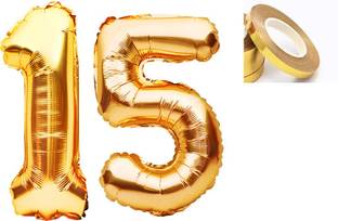 PARTY MIDLINKERZ Solid Golden '15' number Numerical Foil Balloon with Ribbon for Celebration (Gold, Pack of 3)