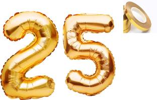 PARTY MIDLINKERZ Solid Golden '25' number Numerical Foil Balloon with Ribbon for Celebration (Gold, Pack of 3)