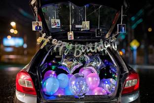 Fun and Flex Car Dikki Birthday Decoration Items with Bunting, 2 Silver Foil, 2 Confetti, 5 LED and 25 pieces Pink, Blue, Purple Balloons - 35 Combo - Easy to Use Material