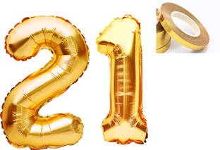 PARTY MIDLINKERZ Solid Golden '21' number Numerical Foil Balloon with Ribbon for Celebration (Gold, Pack of 3)