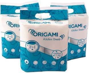 Origami Kitchen Towels- 2in1, 2Ply- Pack of 3- Total 6 Rolls (60 Sheets Per Roll)
