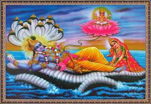 Lord Vishnu Shree Vishnu God Vishnu Narayana Hari with Laxmiji Goddess Lakshmi Vishnu and Laxmi Wall Poster Print on Art Paper 13x19 Inches Paper Print
