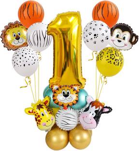 Bash N Splash Printed Animal kingdom Jungle Safari Theme Cute Zebra lion tiger monkey giraffe Party Decoration DIY Balloon Bouquet Kit with balloons & Glue dot & Big Size Number Balloon 1st Birthday (pack of 29) Balloon