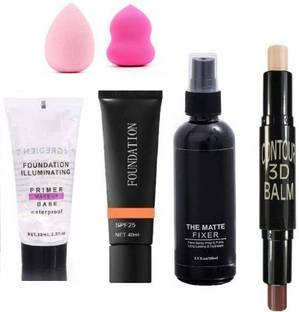 MYEONG foundation illuminating gel tube primer with foundation primer fixer combo with makeup contour highlighter stick and beauty blender make up puffs