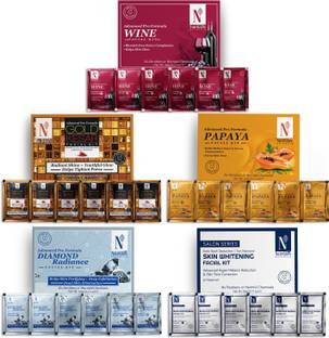 NutriGlow NATURAL'S Advanced Pro Formula Combo Pack of 5 Diamond Radiance,Skin Whitening,Gold Kesar,Papaya,Wine Facial Kit 60gm Each for Skin Cell Repair Reduce Pigmentation & Spotless Face