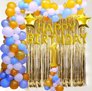 Flyelle Solid 1st Happy Birthday Balloon Decoration Set Golden color pack of 51 Balloon