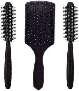 SANDIP Combo of Paddle Hair Brush (1) and Round Hair Brush (2) for Unisex = pack of 3