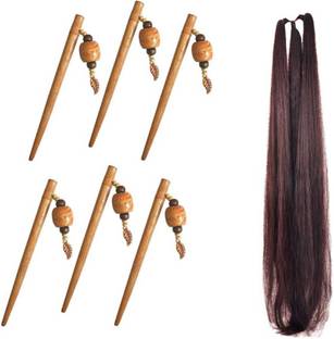 Zintalic 6 Pcs Handcrafted Wooden Juda Stick with 1 ball choti for Girls & Women Hair Extension