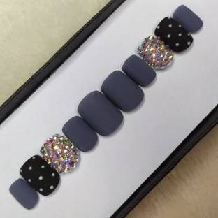 The NailzStation Matte Grey White Dots Studded Fake Nails / Artificial Nails (Pack of 20)