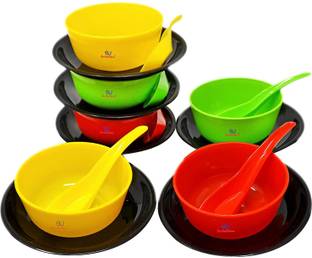 Sarthak Uphaar Plastic Soup Bowl Plastic Microwave Safe Soup Bowl Set of 18 Pieces (6 Bowl, 6 Spoon, 6 Plates) Plastic Soup Bowl