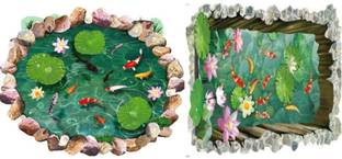 JAAMSO ROYALS 90 cm Fish Pond and Fantastic 3D Lotus Leaves Fishes Wallsticker ( Set of 2 ) Self Adhesive Sticker