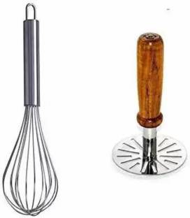 HITECH KITCHEN Combo Stainless Steel Potato Vegetable Masher & Egg Whisker Kitchen Tool Set Stainless Steel, Wood Balloon Whisk