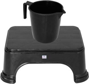 Heart Home 2 Pieces Plastic Bathroom Stool & Mug Set (Black) 1 L Plastic Bucket