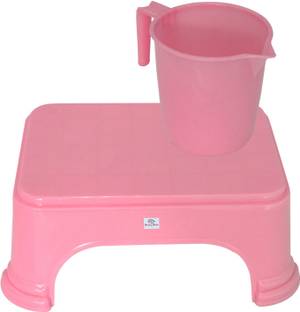 Heart Home 2 Pieces Plastic Bathroom Stool & Mug Set (Pink) 1 L Plastic Bucket