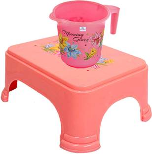 Heart Home Printed 2 Pieces Plastic Bathroom Stool & Mug Set (Pink) 1 L Plastic Bucket