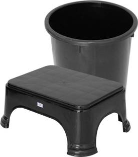Heart Home 2 Pieces Plastic Bathroom Dustbin & Stool Set (Black) 1 L Plastic Bucket