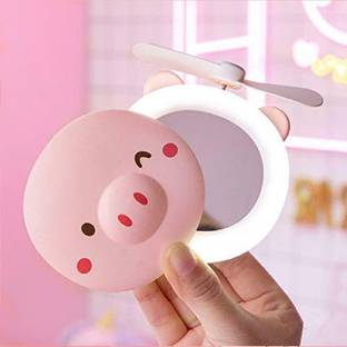 AZACUS Makeup Mirrors Portable Led Cartoon Pig Fill Light Makeup Mirror Fan
