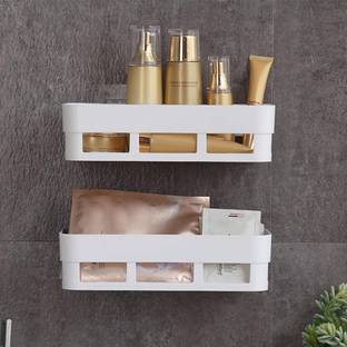HEYMAK 2pc Bathroom Platic Shower Storage Rack Shelf, Shempu Stand Plastic Wall Shelf