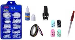 J & F Fake Nails With Glue ,5 Nail tape & Black Nail Paint ( Nail Polish ) ,Nail Filer