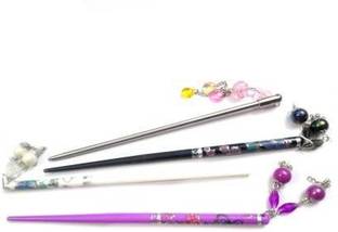 V WOMEN FANCY Printed Wooden  Stick, Bun Stick-Set of 3 (Multicolor) Hair Extension