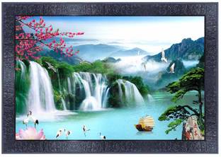 PnF Vastu Waterfall Landscape scenery Wood Frames with Acrylic Sheet (Glass)27983 डिजिटल रीप्रिंट 14 inch x 10 inch पेंटिंग
