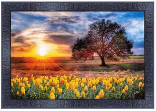 pnf Poster And Frame Vastu Sunrise Scenery Wooden Frame Painting | Home Decor Item Digital Reprint 10.5 inch x 13.5 inch Painting