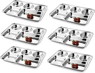 Finetouch Pack of 6 Stainless Steel Dinner Plate/Bhojan Thali with Rectangle Compartments 480gm Each Plate Dinner Set