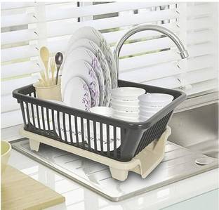 MECHON Utensil Kitchen Rack Plastic 3 in 1 Large Sink Set Dish Rack Drainer with Tray for Kitchen (Black)