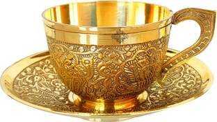 IndianArtVilla Pack of 1 Brass Cup and Saucer Set Embossed Design Tea Cup