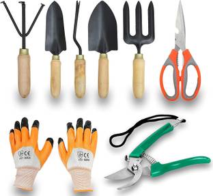 JetFire Gardening Set of 5 With Scissor, Prune Gloves (Wooden) Garden Tool Kit