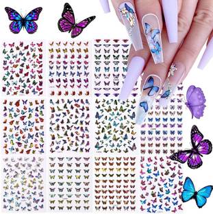 Fameza 12 Sheets Butterfly Nail Art Stickers Decals, 3D Self-Adhesive Nail