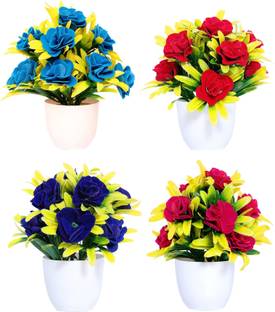 NERAPI Set of 4 Natural Pops of Multicolor SRBP Artificial Rose Flowers for Decoration, Multicolor Rose Artificial Flower  with Pot