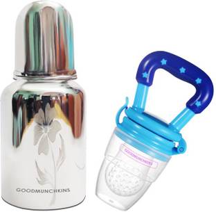 Goodmunchkins Stainless Steel Feeding Bottle 150ml -Silicon Fruit Feeder 1Bottle+1Fruit Feeder Teether and Feeder