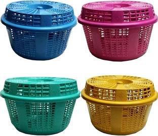 Skylii Round Plastic Basket With Lid Storage basket Fruit & Vegetable Basket Pack of 4 Plastic Fruit & Vegetable Basket