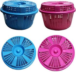 Skylii Storage basket Fruit & Vegetable Basket Pack of -2 Round Plastic Basket With Lid Plastic Fruit & Vegetable Basket